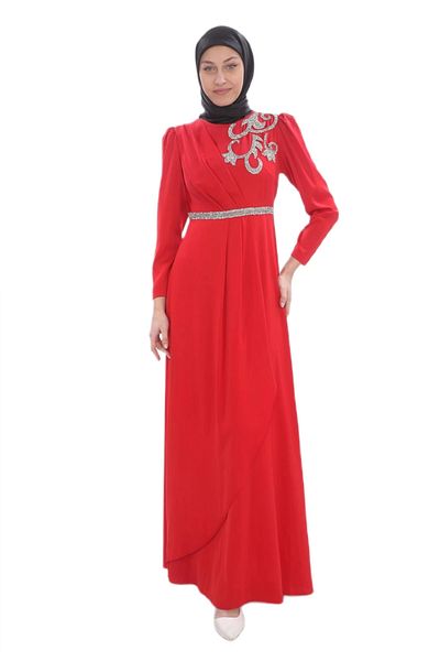lodmela Red Hijab Evening Dress - Stone Embroidery Detail, Model 687