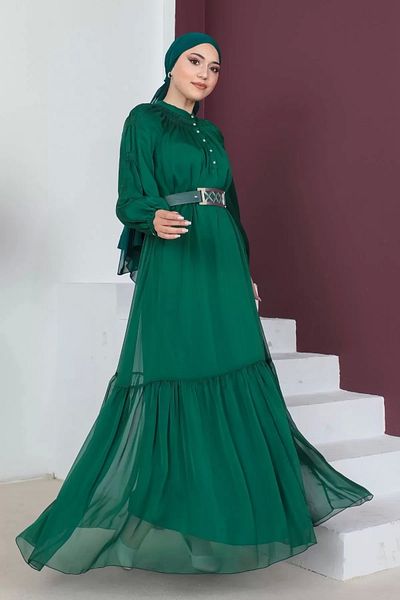 PHELDA Comfortable Form Belted Hijab Evening Dress 746-emerald Green