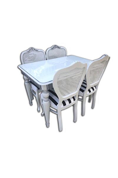 BENGİ TİCARET Masa 18017 Fitil Klasik Model Kayın Tombul Beyaz Aslan Ayak Hasır Oyma Sandalye