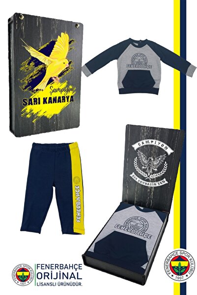 Fenerbahçe Orijinal Fb Logo Sarı-Lacivert Bebek Sweat Eşofman Alt Set Ahşap K...