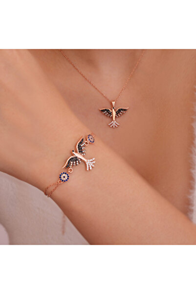 Siset Gümüş 925 Ayar Rose Kaplama Anka Kuşu Kolye - Bileklik  İkili Gümüş Set