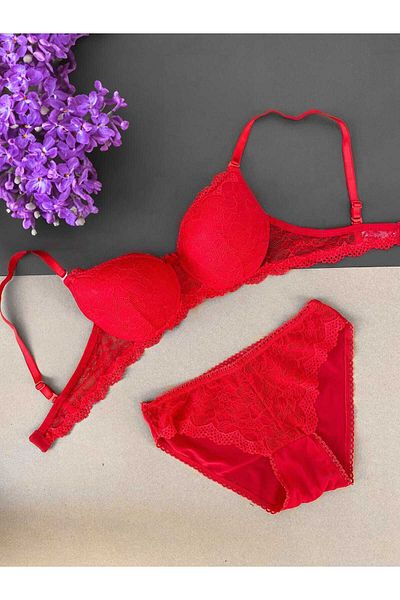 ST iç giyim Women's Red Padded Padded Underwire Lace Bra Set