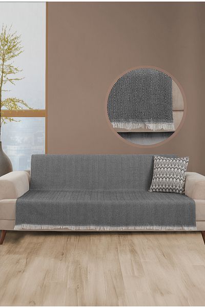 LADYNİL Husa de canapea cu franjuri neagra - 100% bumbac, sal de canapea 180x210 cm