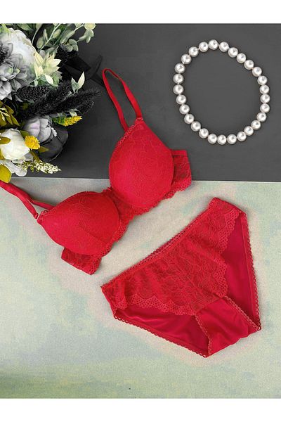 ST iç giyim Women's Red Padded Padded Underwire Lace Bra Set