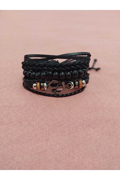 asya stil Leather Bracelet Anchor Figured Set of Three