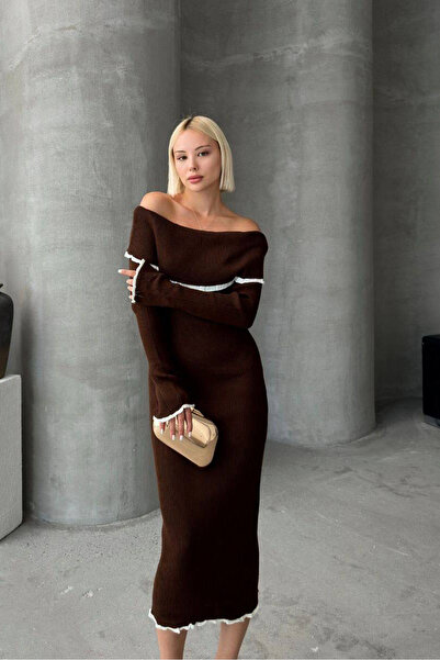 novalook Μαντόνα Γιακά Καφέ Μίντι Φόρεμα