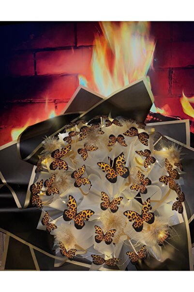 Store Led Işıklı Leoparlı Kelebek Çiçek Buketi Sevgililer Günü Anneler Günü D...