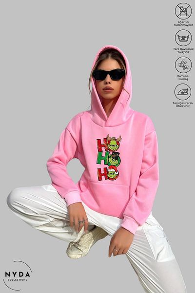 Nyda Collections Grinch Hohoho Πρωτοχρονιάτικα Χριστουγεννιάτικα στάμπα Unisex με κουκούλα Oversize βαμβακερή κουκούλα