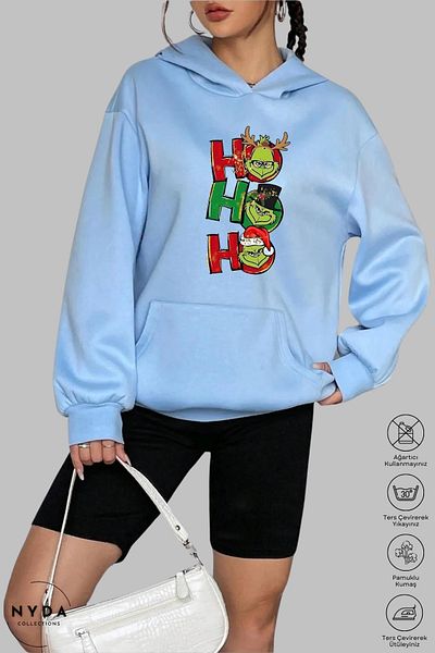 Nyda Collections Grinch Hohoho Anul Nou Crăciun imprimat unisex cu glugă din bumbac supradimensionat