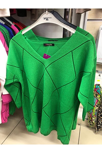 D LAVELLA V yakalı fakir kollu baklava desenli salaş triko bluz