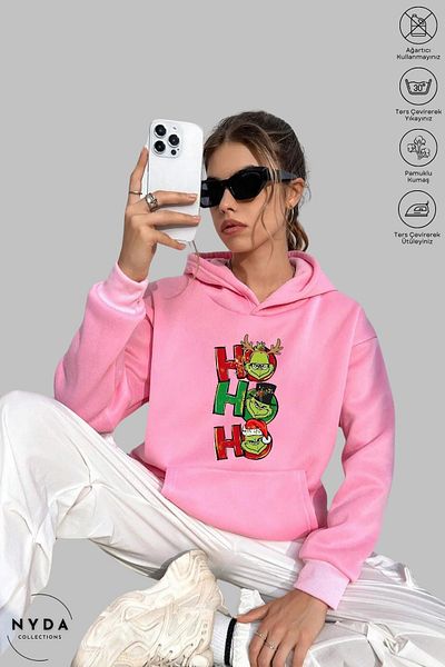 Nyda Collections Grinch Hohoho Πρωτοχρονιάτικα Χριστουγεννιάτικα στάμπα Unisex με κουκούλα Oversize βαμβακερή κουκούλα