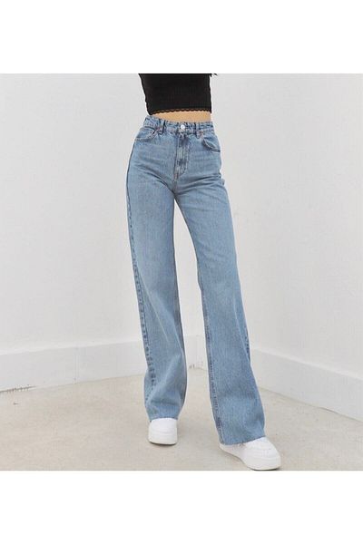LİMABEL Snow Wash Pantaloni largi din denim Blue Snow Lycra Palazzo
