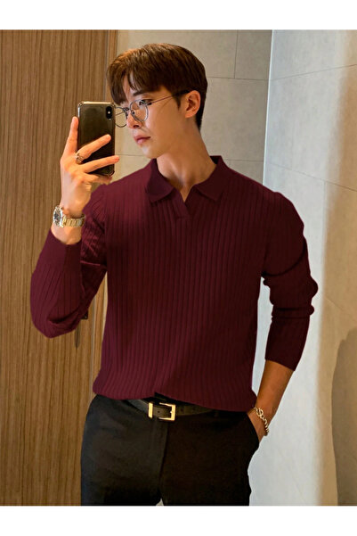 Tarz Cool Ανδρικό πλεκτό πουλόβερ με ριμπ λαιμόκοψη Claret Red