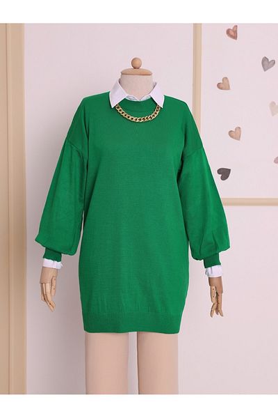 Modamorfo Emerald Balloon Sleeve Knitwear Tunic - Plain Crew Neck