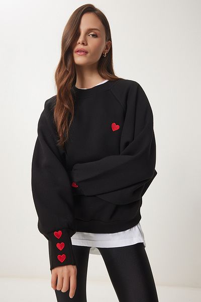 Lovelyİstanbul Black Knitted Sweatshirt - Heart Embroidery, Raster Lmp0005