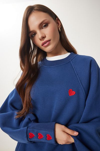 Lovelyİstanbul Heart Embroidery Raised Knitted Sweatshirt Cobalt Blue Lmp0005