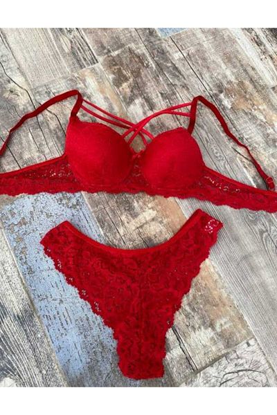 ST iç giyim Women's Red Padded Padded Lace Underwire Cross String Bra Set