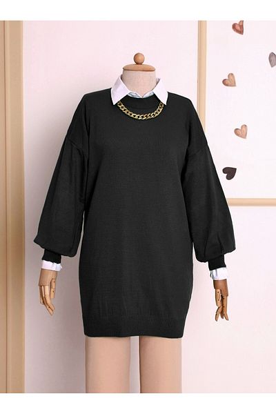 Modamorfo Plain Crew Neck Balloon Sleeve Knitwear Tunic -Black