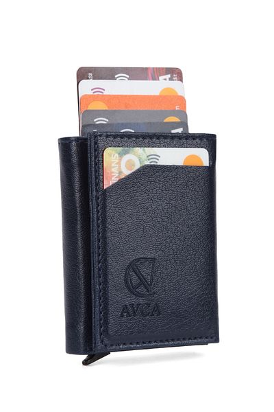 AVCA Ανδρικό Vegan Δερμάτινο Navy Blue Θήκη για κάρτα πορτοφολιού με θήκη για μετρητά και μηχανισμό ολίσθησης