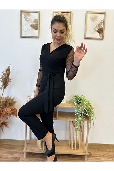 Shop58 Salopetă cu curea Modavera din țesătură creponată cu mâneci din tul 141 cm
