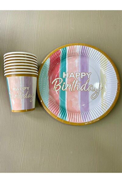mey OFFICIAL Pastel Happy Birthday Karton Tabak Bardak Seti 8 Kişilik