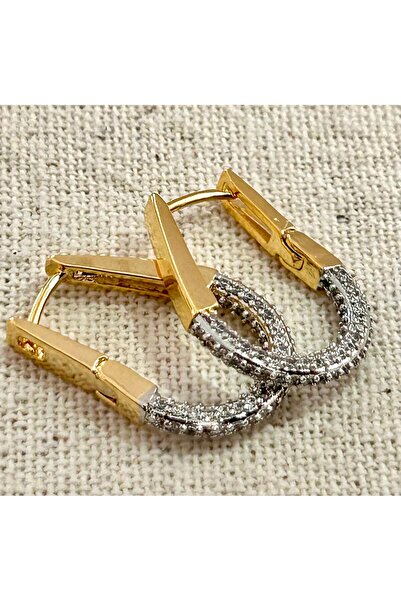 juleeco İki Renkli Taşlı Gold Silver Çelik Küpe