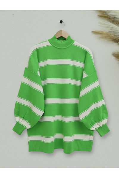 Modamorfo F.Green Striped Half Throat Balloon Sleeve Knitwear Tunic