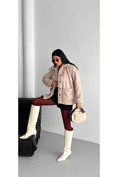 Azra Moda Style Women's Plush Oversize Cardigan - Milky Brown, Button Closure...