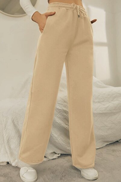 kallima Beige Winter Thick Raised Fleece Inside High Waist Wide Leg Lace-Up Sweatpants with Hidden Pockets