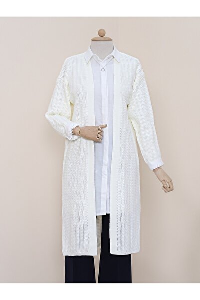 Modamorfo Μακριά ζακέτα με σχισμή πλεκτό σχέδιο -λευκό