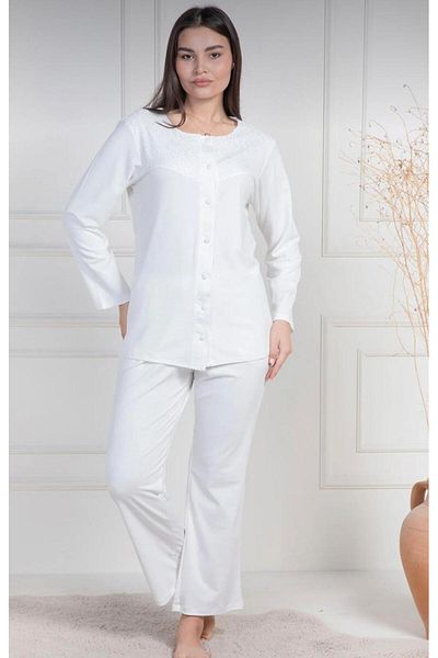By Mecit Pijama Ecru Women's Plus Size Pajamas Set - Mecit 6105, Length Button