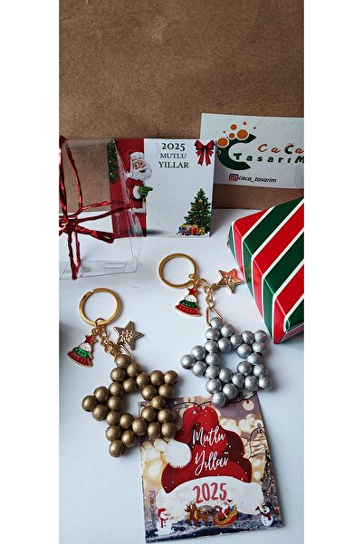 cacatasarım Yılbaşı Figürleri ve Ahşap Boncuk Yıldız Anahtarlık 2 Adet Kartlı...