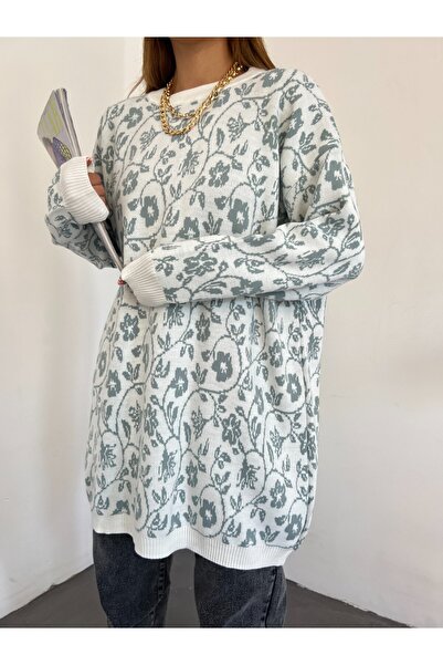 Modamorfo Pletená tunika s kulatým výstřihem s květinovým potiskem - Aqua zelená