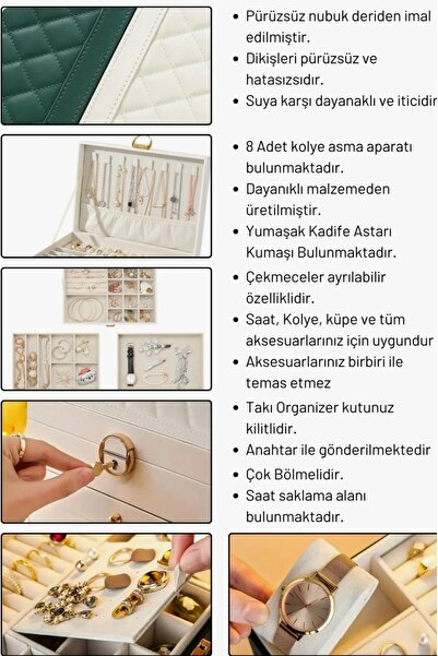 İthal Beyaz Dışı Deri İçi Kadife Kilitli 2 Çekmeceli Takı Bijuteri Mücevher Kutusu Organizer Düzenleyici