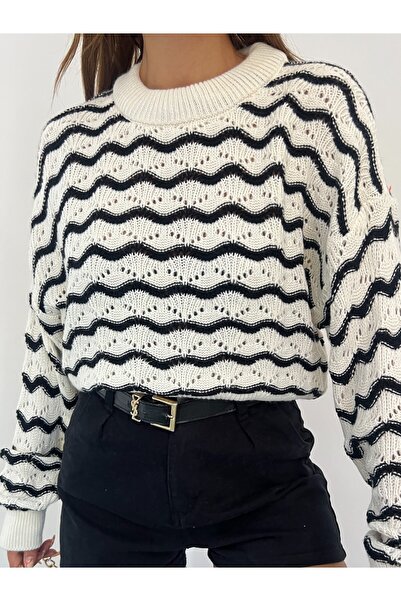 Modamorfo Pulover scurt ajurat cu model în zig-zag - negru