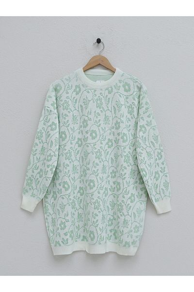 Modamorfo Floral Print Round Neck Knitwear Tunic -A.Green