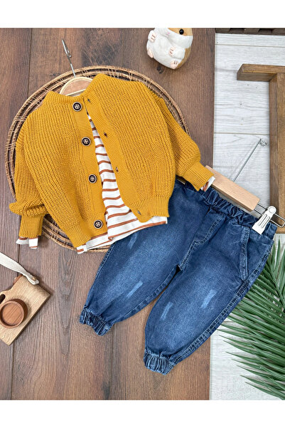 tiwitibaby Triko Hırka Likralı Kot Pantolon Omuzdan Çıtçıtlı Badi 3lü Erkek B...