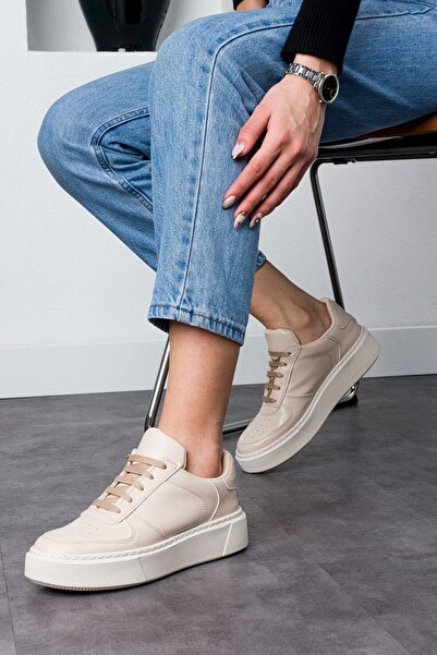 Ayax Bej Düz Hafif Dikişli Taban Bağcıklı Günlük Ortapedik Iç Taban Kadın Sne...