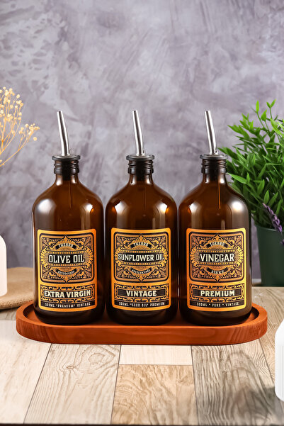TheBRo 500ML Amber Renkli Vintage Tasarımlı Ahşap Stantlı Zeytinyağı Şişesi, ...