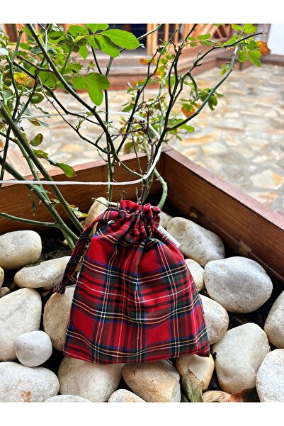 Sumicorn Design İskoç Tartan Ekoseli Bez Büzgülü İpli Kese, Ekolojik Keten Mini Düzenleyici, Yılbaşı Hediyesi
