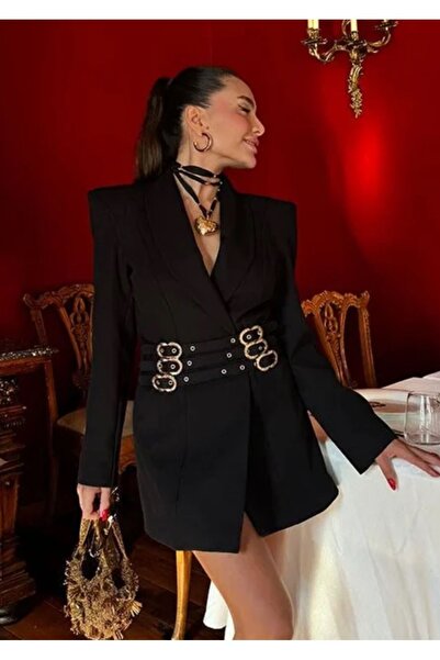 Genel Markalar Kadın Siyah Premium Tasarım Vatkalı Gold Kemer Detaylı Blazer ...