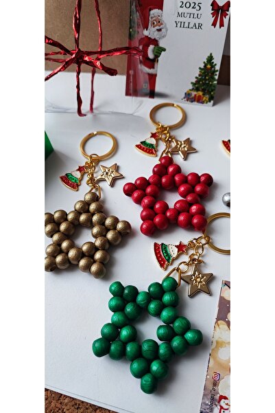 cacatasarım Yılbaşı Figürleri ve Ahşap Boncuk Yıldız Anahtarlık 2 Adet Kartlı...
