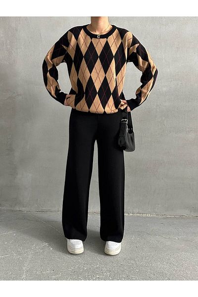 Lusin Women's Black Diamond Pattern Sweater Blouse Pants Bottom Top Double Knitwear Set