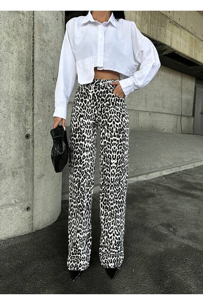 Bak'ap White Leopard Palazzo Jeans Jean Wide Leg Leopard Pants
