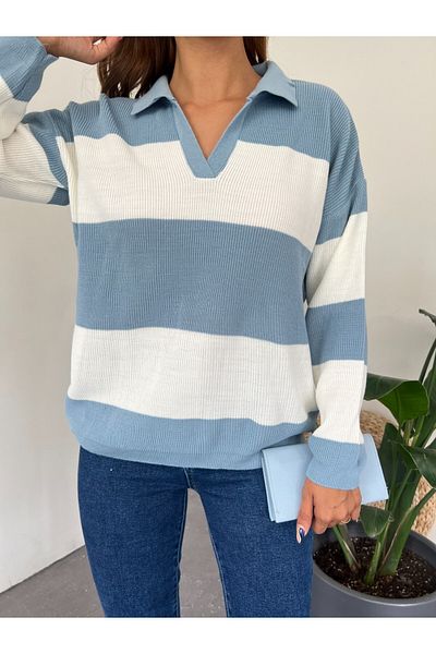 Modamorfo Pulover tricot cu dungi albastre cu gât polo