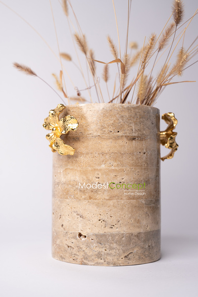 Modestmar Traverten Saksı, Traverten Vazo Gold Çiçek Detaylı