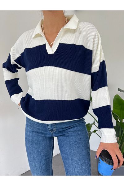 Modamorfo Polo nyakú csíkos kötöttáru pulóver -navy
