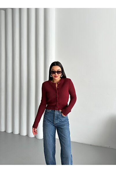 Laluvia Burgundy Crew Neck Knitted Basic Cardigan-00279