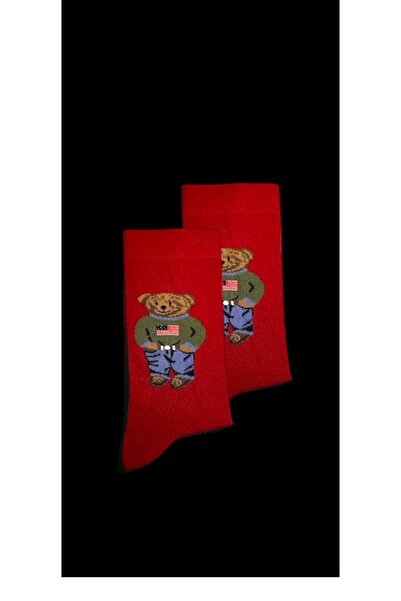 By Alem 2 Pieces Red Color Teddy Bear Patterned Socks