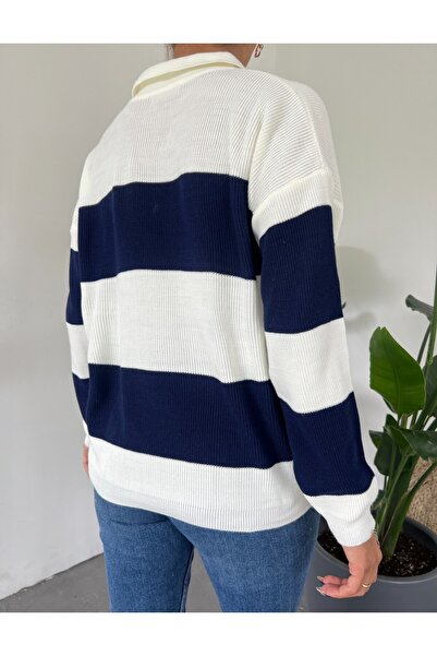 Modamorfo Polo nyakú csíkos kötöttáru pulóver -navy